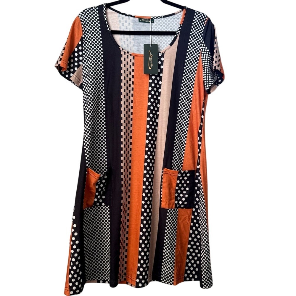 Ofeefan Womens Orange Black Geometric Mixed Print Pocket T-Shirt Dress‎ Size M